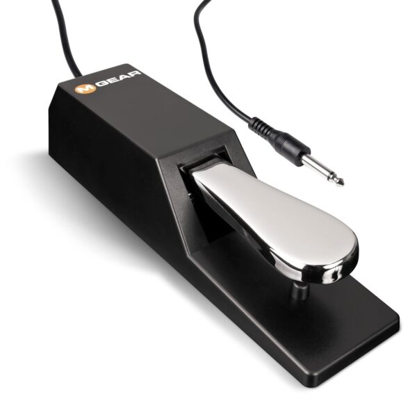 Image of the Universal Sustain Pedal featuring a chrome foot pedal with a robust design. This pedal includes a 6 ft cable and a polarity switch, making it compatible with various electronic keyboards and stage pianos.